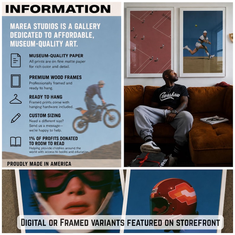 May include: A collage featuring information about Marea Studios art prints, including details on museum-quality paper and wood frames. The image displays framed tennis and motorcycle prints, a person on a sofa, and a helmeted figure in a blue frame.