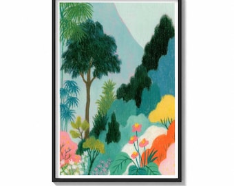 Tree Canopy Wall Art Print Tropical Garden Painting | Botanical Forest Decor | Colorful Landscape Poster | Lush Wall Art