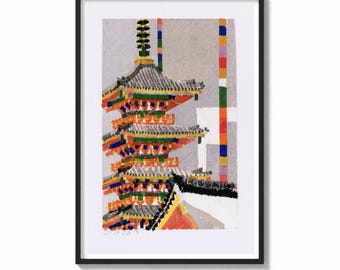 Pagoda Wall Art Print Japanese Painting | Zen Garden Decor | Asian Travel Poster | Colorful Architecture Wall Art