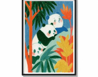Panda Wall Art Print Jungle Trio Painting | Tropical Wildlife Decor | Cute Animal Poster | Playful Botanical Wall Art