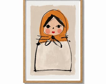 Russian Doll Wall Art Print Matryoshka Painting | Folk Art Portrait Decor | Whimsical Poster | Colorful Kids Wall Art
