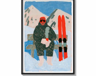 Skier Wall Art Print Winter Portrait Painting | Vintage Ski Lodge Decor | Alpine Travel Poster | Bold Winter Wall Art