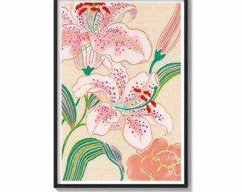 Pink Lily Wall Art Print Botanical Pattern Painting | Vintage Floral Decor | Decorative Poster | Vibrant Wall Art