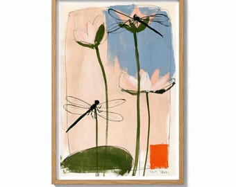 Dragonfly Wall Art Print Sketch Lily Painting | Soft Pond Decor | Impressionist Poster | Delicate Wall Art