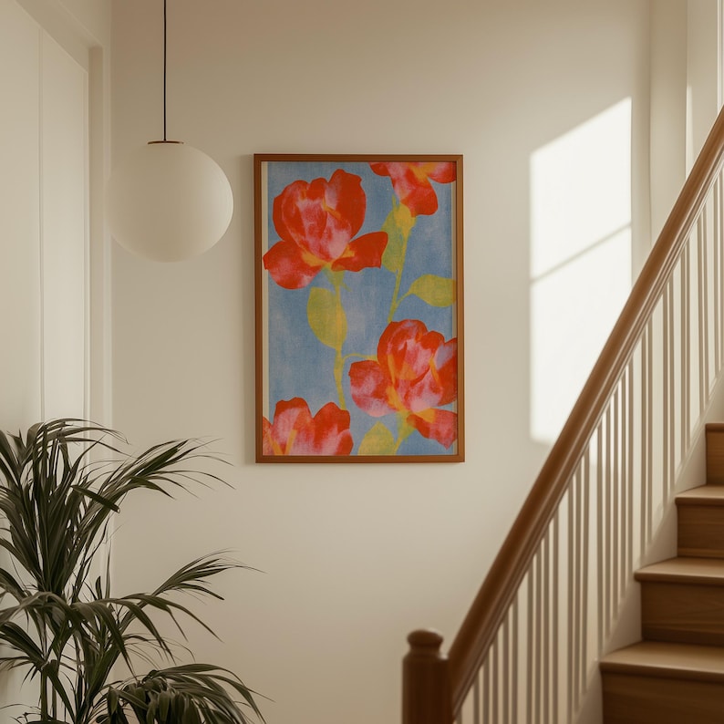 Red Roses Work Background Red Roses Blue Background Riso Print | Bold Floral Wall Art | Graphic ...
