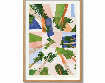 Tree Canopy Wall Art Print Geometric Collage Painting | Modern Forest Decor | Abstract Landscape Poster | Bold Wall Art