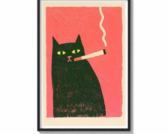 Black Cat Wall Art Print Smoking Painting | Quirky Pop Art Decor | Funny Cat Poster | Bold Retro Wall Art