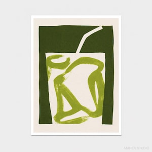 May include: A rectangular art print featuring a dark forest green border surrounding a cream-coloured centre. Inside the centre, abstract lime green brushstrokes form a glass-like shape with a straw, with the text MAREA STUDIO in the corner.