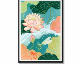 Dragonfly Wall Art Print Lotus Pond Painting | Zen Garden Decor | Japanese Style Poster | Serene Nature Wall Art
