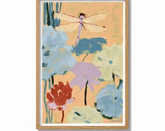 Dragonfly Wall Art Print Peony Pond Painting | Painterly Floral Decor | Soft Impressionist Poster | Dreamy Wall Art