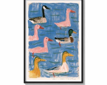 Duck Wall Art Print Colorful Flock Painting | Whimsical Pond Decor | Folk Art Poster | Playful Waterfowl Wall Art