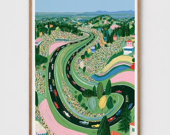 Formula 1 Wall Art Painting Print - Aerial View of Racetrack Hairpin Turn, Motorsport Decor