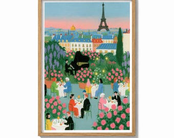 Paris Wall Art Print Rooftop Cafe Painting | Whimsical Eiffel Tower Decor | Romantic Travel Poster | Floral City Art