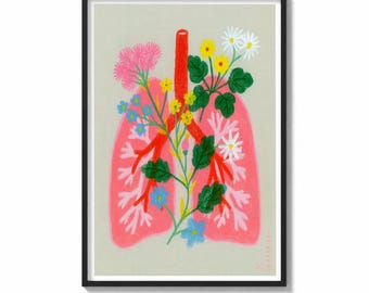 Lungs Wall Art Print Floral Anatomy Painting | Botanical Medical Decor | Surreal Anatomy Poster | Vibrant Botanical Art