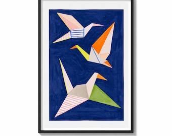 Crane Wall Art Print Origami Painting | Geometric Japanese Decor | Modern Bird Poster | Bold Minimalist Wall Art