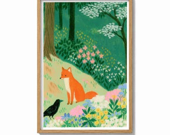 Fox Wall Art Print Woodland Crow Painting | Spring Forest Decor | Whimsical Nature Poster | Colorful Wildlife Art