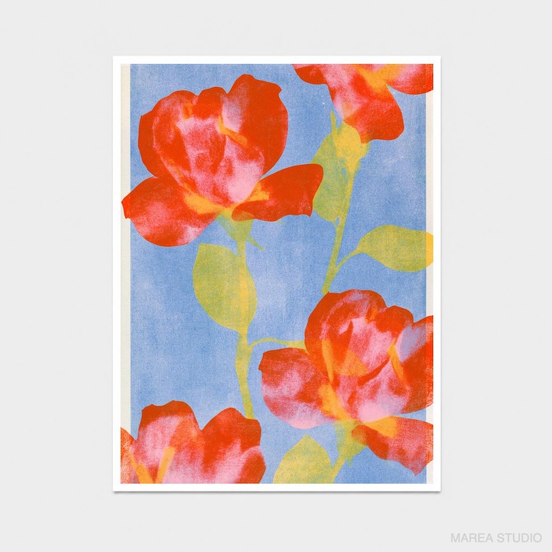 Red Roses Work Background Red Roses Blue Background Riso Print | Bold Floral Wall Art | Graphic ...