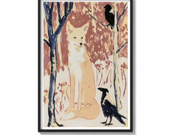 Fox Wall Art Print Autumn Crow Painting | Folk Art Forest Decor | Rustic Woodland Poster | Warm Wildlife Wall Art