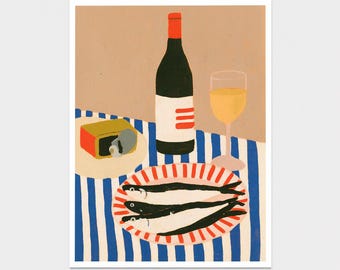 Sardines Wall Art Painting Print - Sardine Platter with Wine and Tin, Coastal Kitchen Decor