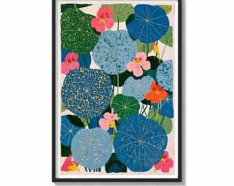 Nasturtium Wall Art Print Botanical Painting | Bold Lily Pad Decor | Colorful Floral Poster | Graphic Garden Art