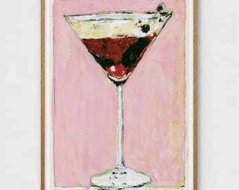 Pink Martini Wall Art Painting Print - Cocktail Glass on Pink Illustration, Bar Cart Decor