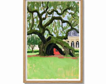 Oak Tree Wall Art Print Plantation Painting | Southern Garden Decor | Fairy Door Poster | Charming Landscape Wall Art