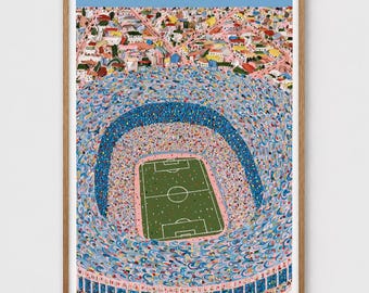 Soccer Stadium Wall Art Painting Print - Aerial View of Packed Crowd and Pitch, Sports Fan Decor