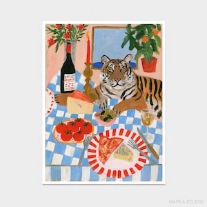 May include: A colourful art print featuring a tiger resting on a blue and white chequered tablecloth. The table is set with a bottle of wine, a wedge of cheese, a bowl of olives, a plate of tomatoes, a slice of pizza, and a glass of white wine.