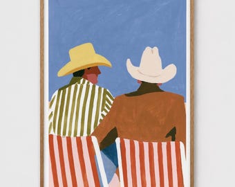 Seated Cowboys from Behind Painting Art Print | Western Wall Art | Minimalist Figurative Beach Decor