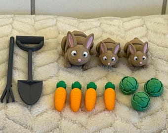 3Dプリントウサギファミリーキット | ガーデンアクセサリー付き関節式ウサギ