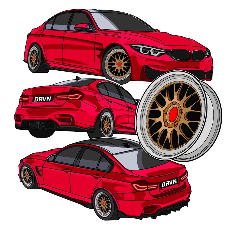 Peut inclure: Trois vues diff&eacute;rentes d'une berline BMW M3 rouge avec des accents noirs. La voiture a des jantes noires avec des accents dor&eacute;s et le mot "DRVN" &agrave; l'arri&egrave;re.