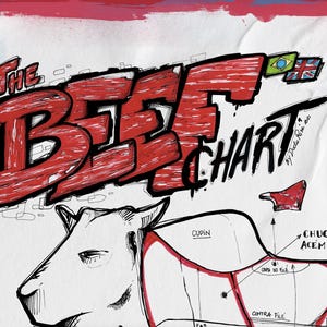 May include: A red and black illustration of a beef chart with the text "The Beef Chart" and a drawing of a cow's head. The chart shows the different cuts of beef, including chuck, cupin, and contra file.