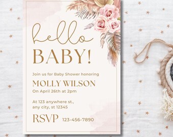 Editable Boho Baby Shower Invitation Template | Pink and Gold Floral Baby Girl Invite | Digital Download or Textable Canva Design
