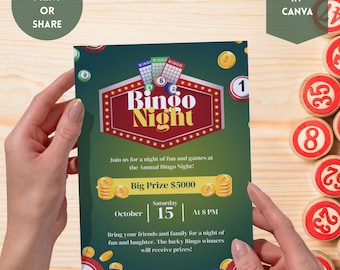Editable Bingo Night Invitation Template Canva | Printable Game Night Bingo Party Invite | Instant Download | Bingo Fundraiser Event Invite