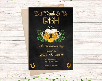 St. Patrick's Day Invitation | Eat, Drink, and Be Irish | Gold & Black Canva Template for Irish Celebration