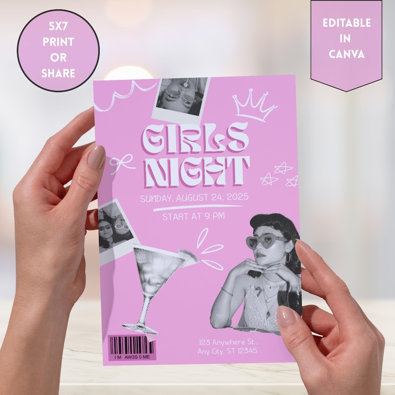 Editable Girls Night Out Invitation Template | Retro Pink Collage Style ...