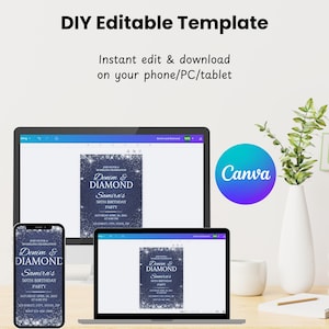 Editable Denim and Diamonds birthday invitation template displayed on phone, laptop, and desktop using Canva – easy to personalize and download for a glam celebration