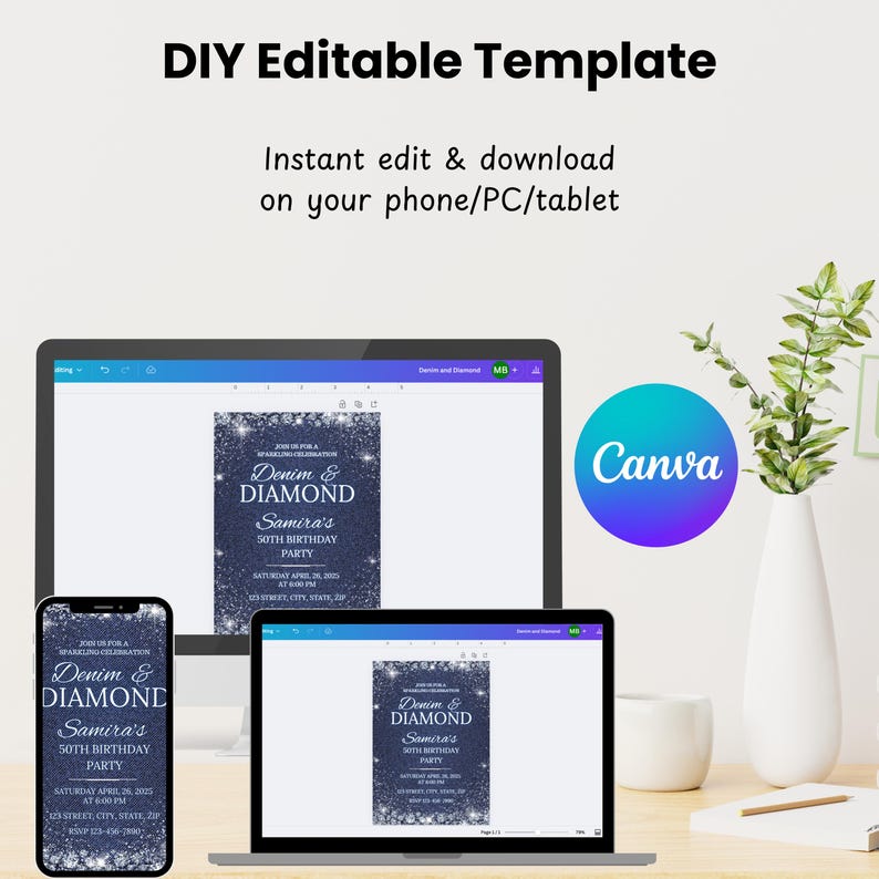 Editable Denim and Diamonds birthday invitation template displayed on phone, laptop, and desktop using Canva – easy to personalize and download for a glam celebration