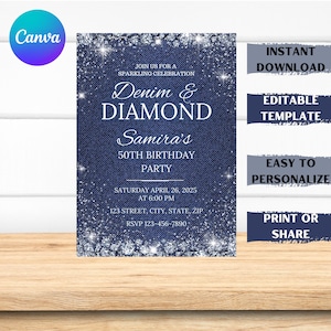 Canva Denim and Diamonds editable birthday invite – instant download, easy to personalize, print or share digital template with glitter and denim design