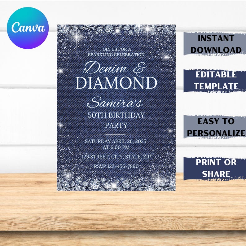 Canva Denim and Diamonds editable birthday invite – instant download, easy to personalize, print or share digital template with glitter and denim design