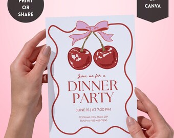 Cherry Dinner Party Invitation Template | Editable Canva Design | Red Bow Fruit Theme | Printable 5x7 DIY Party Invite | Instant Download