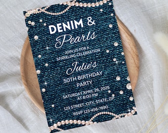 Bewerkbare verjaardagsuitnodiging denim en parels | Feestsjabloon Westernblauw en parels | Direct downloaden | Afdrukbare verjaardagsuitnodiging