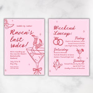 Puede incluir: Invitaciones rosas para una despedida de soltera con temática del oeste. La tarjeta izquierda dice "Raven's last rodeo!" con una copa de martini y botas de vaquero. La tarjeta derecha enumera los eventos del fin de semana, incluyendo brunch y spa.