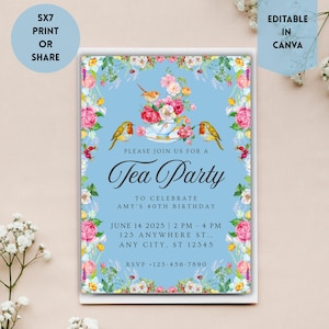 Editable Tea Party Invitation Template for Women&#39;s Birthday | Instant Download Invite | Printable Birthday Tea Party | Canva Template