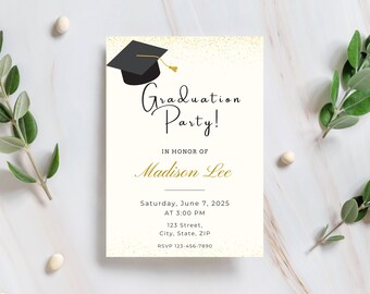 May include: A white graduation party invitation with gold glitter. The invitation features a black graduation cap with a gold tassel and the text "Graduation Party!" in gold script. The text "In honor of Madison Lee" is in gold script. The date, time, address, and RSVP information are listed below.