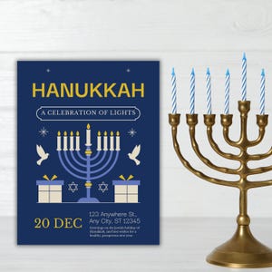 “Elegant Hanukkah invitation with menorah beside lit candles, navy and gold design featuring doves, gifts, and text ‘A Celebration of Lights.’”