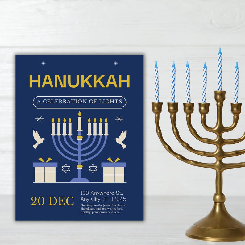“Elegant Hanukkah invitation with menorah beside lit candles, navy and gold design featuring doves, gifts, and text ‘A Celebration of Lights.’”