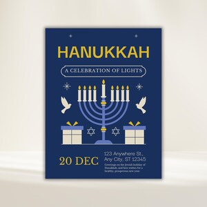 “Modern blue and gold Hanukkah invitation featuring menorah, Star of David, and gift boxes on minimalist cream background with soft shadows.”