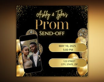 Prom Send Off Invitation Template - Editable Black and Gold Canva Invite for Party and Celebration Event