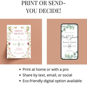 May include: Two bridal shower invitations are displayed. One is a printed card with floral accents and the text "Bridal Shower for Samara Jones." The other is a digital invitation on a phone screen, with the text "Bridal Shower Raven Smith."